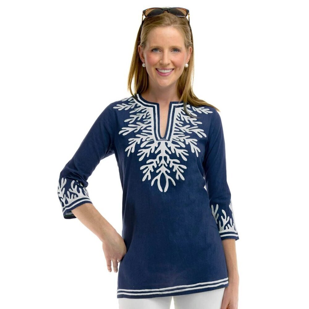 Gretchen Scott ‘The Reef’ Cotton Embroidered Tunic in Navy Blue and White, S